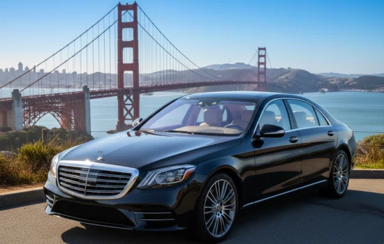 black mercedes and golden gate bridge