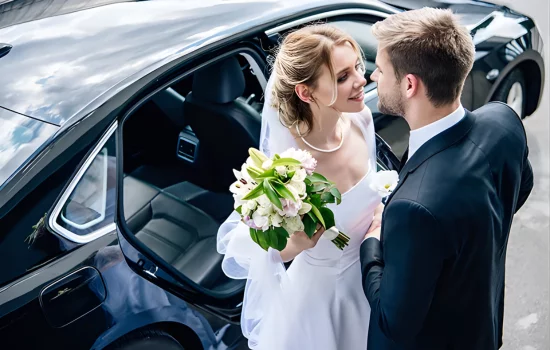 groom and bride standing with a limo